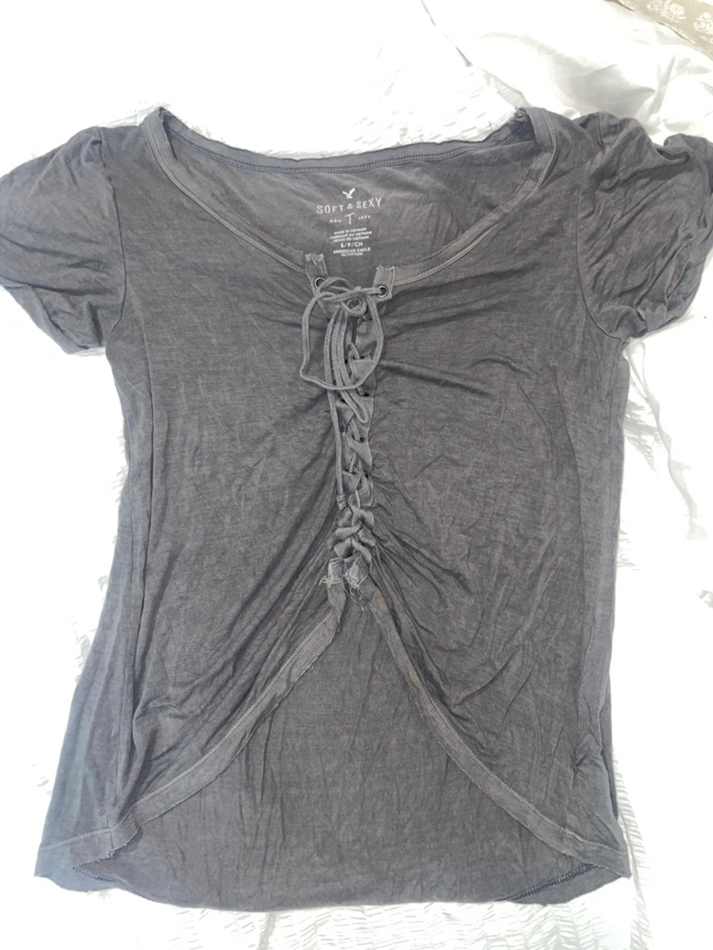 Aeropostale Women's Charcoal Lace-Up Short Sleeve Tee